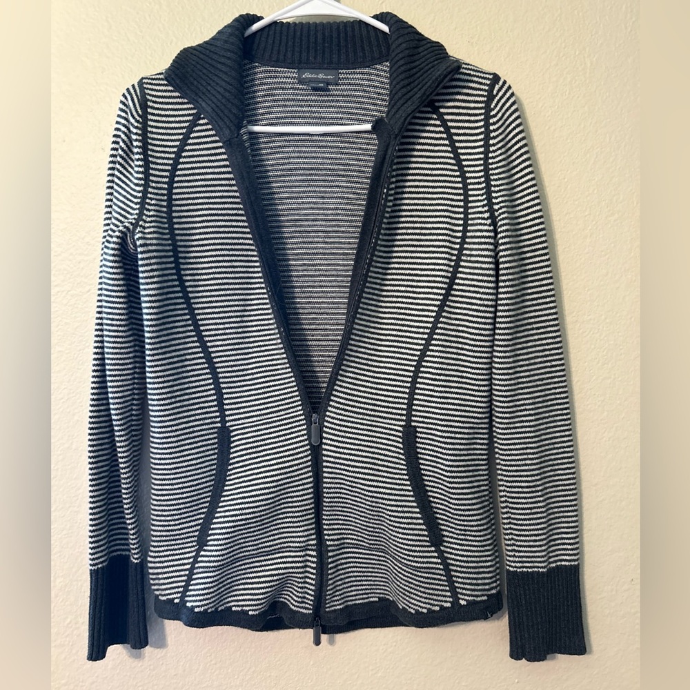 Eddie Bauer Black and White Striped Full Zip Jacket Women’s Size XS